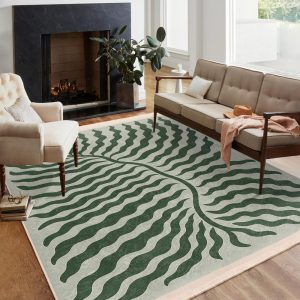 Wavy Leaf Jungle Area Rug – Botanical Emerald Accent Carpet -Modern Stripe Mat-Organic Vibe Area Rug-Nature Inspired Rug-Green Styled Carpet
