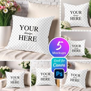 5 Pillow PNG Mockup Bundle, White Throw Pillow Mockup Edit in Canva, Photoshop, 5 Mock up Bundle, Minimal Mockups, Modern Mockups