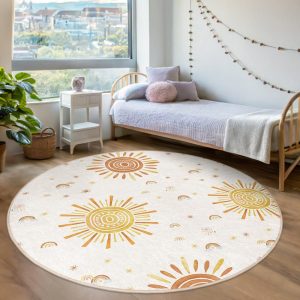 Sunshine Burst Kids Room Round Rug-Celestial Sunshine Rainbow Motif Circle Carpet-Boho Nursery Round Carpet-Playroom Mat-White Circle Carpet