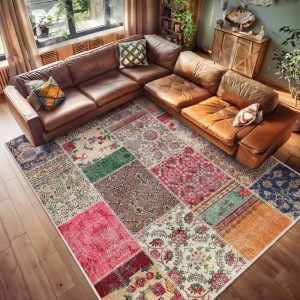 Vintage Patchwork Area Rug – Multicolor Floral Accent Rug – Boho Anti-Slip Carpet -Eclectic Floor Mat-Retro Square Rug-Vibrant Room Area Mat