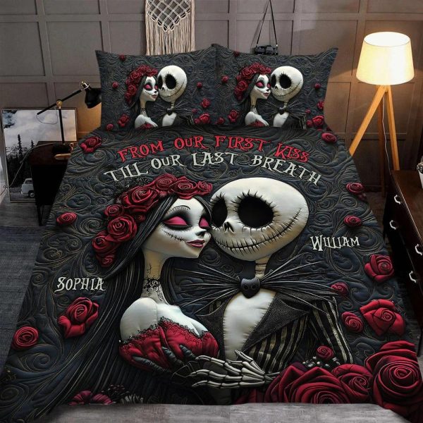Personalized Jack Sally Floral Bedding Set, Skull Couple with Roses Pillow Set, From Our First Kiss Till Our Last Breath Duvet Cover jak7337