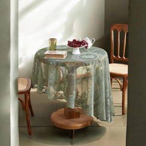 Green Round Lace Tablecloth with Mirror Flower Design, Elegant Dining & Living Room Table Decoration