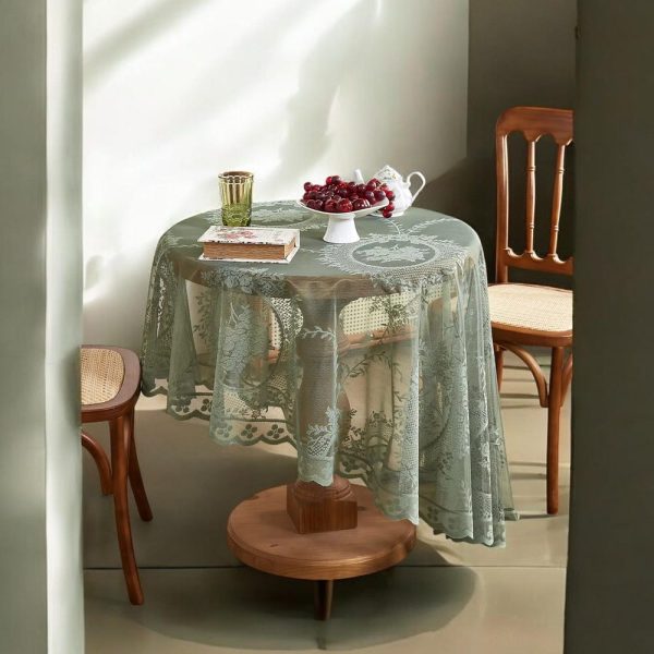 Green Round Lace Tablecloth with Mirror Flower Design, Elegant Dining & Living Room Table Decoration