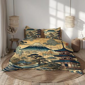 Japanese Art Bedding Set – Beige, Navy Blue, Gold, Black – Traditional Asian Duvet Cover & Pillowcases (No Comforter)