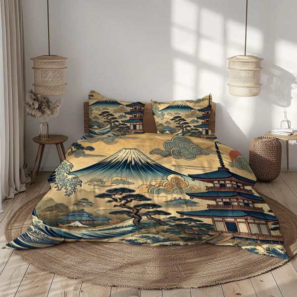 Japanese Art Bedding Set – Beige, Navy Blue, Gold, Black – Traditional Asian Duvet Cover & Pillowcases (No Comforter)