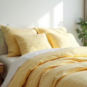 Yellow Small Gingham Cotton Bedding Set 1 Duvet cover and 2 Pillowcases Soft Checkered Bedding Cozy Bedroom Decor