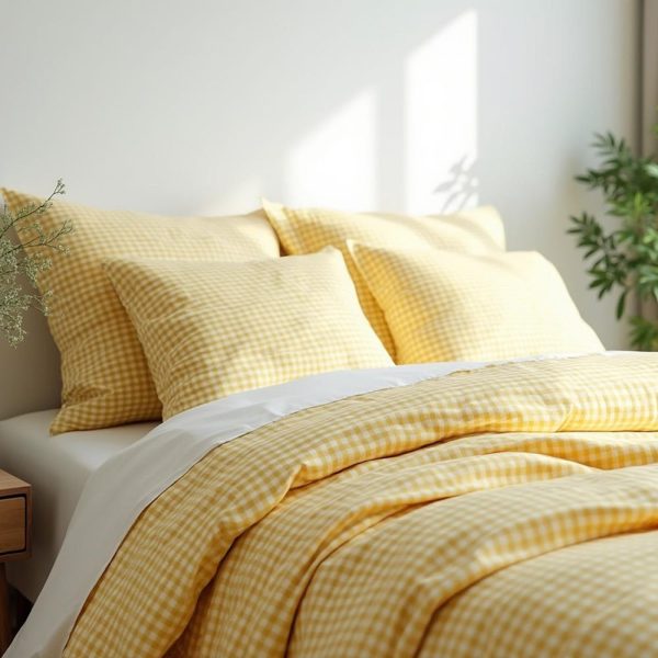 Yellow Small Gingham Cotton Bedding Set 1 Duvet cover and 2 Pillowcases Soft Checkered Bedding Cozy Bedroom Decor