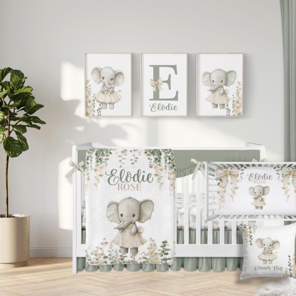 Baby Girl Elephant Nursery Bedding, Neutral Colors Crib Bedding Set Girl,  Boho Floral Baby Bedding Set, Coquette Bow Crib Bedding Girl, 366