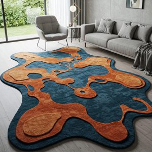 Blue Burnt Orange Hand Tufted Irregular Amoeba Shape Wool Rug for Kids Room, Modern Handmade 6×9 8×10 9×12 Area Rug for Living Room Bedroom