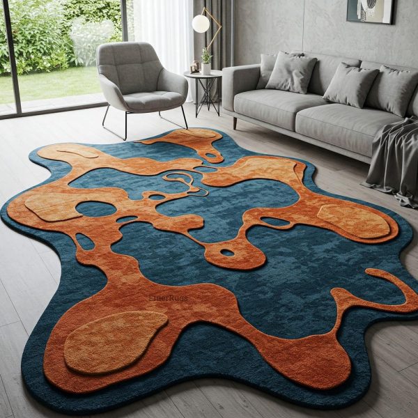 Blue Burnt Orange Hand Tufted Irregular Amoeba Shape Wool Rug for Kids Room, Modern Handmade 6×9 8×10 9×12 Area Rug for Living Room Bedroom