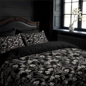 Gothic Floral Bedding, Spooky Tiki 3-Piece Duvet Cover & Pillowcases w Cute Goth Skull Flowers, Dark Cottagecore Aesthetic Home Decor Gift