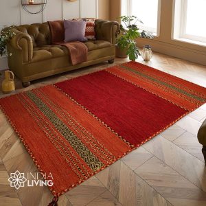 Red Kilim Rug – Indian Artistic Handmade Moroccan inspired Ethnic Living Room Kilim carpet, Bohemian decor rug