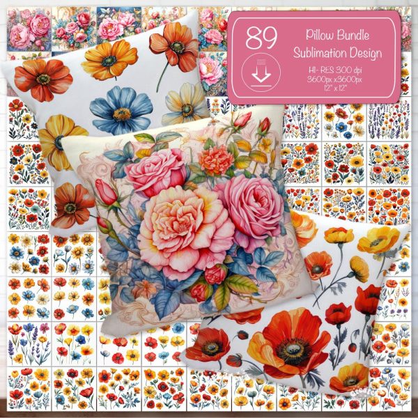 Flower Pillow case Bundle Sublimation throw pillows design Wildflower Pillow Set PNG Digital Design