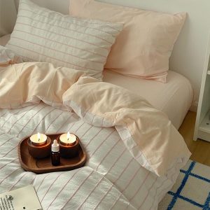 Cute Pink Striped Cotton Duvet Cover, Simple Striped Dorm Duvet Cover Set, Light Pink Striped Bedding Set, Twin, Full, Queen, King Bedding