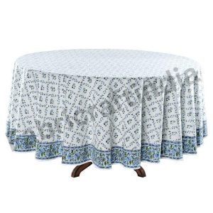 Round Tablecloth, Powder and Pigeon Blue, Green Indian Hand Block Floral Printed Table Cover, Vintage, French Tablecloth, Home and Living