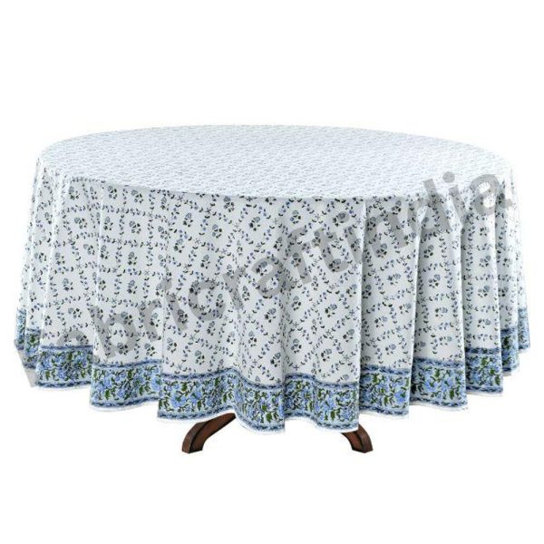 Round Tablecloth, Powder and Pigeon Blue, Green Indian Hand Block Floral Printed Table Cover, Vintage, French Tablecloth, Home and Living