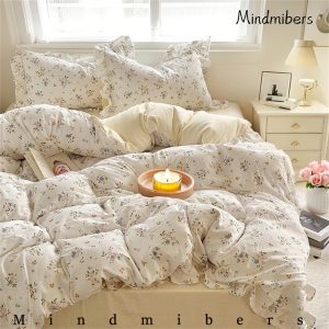 Yellow Floral Cotton Duvet Cover, Ruffle Princess Bedding Set, Cottagecore Country Style Floral Duvet Cover Set, Twin, Full, Queen Bedding