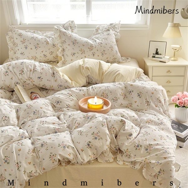Yellow Floral Cotton Duvet Cover, Ruffle Princess Bedding Set, Cottagecore Country Style Floral Duvet Cover Set, Twin, Full, Queen Bedding