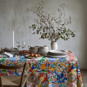 Sicilian Tile Tablecloth – Mediterranean Decor Table Centerpiece, Sicilian Tiles Print Table Cover, Coastal Home Decor, Amalfi Coast