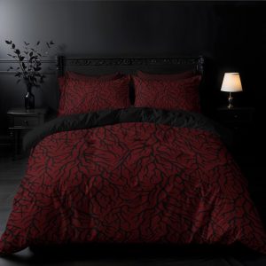 Red Thorn Bedding, Dark Blood Gothic 3-Piece Duvet Cover & Pillowcase Set w Spooky Roots + Vines Moody Bedroom Home Decor for Goth Aesthetic