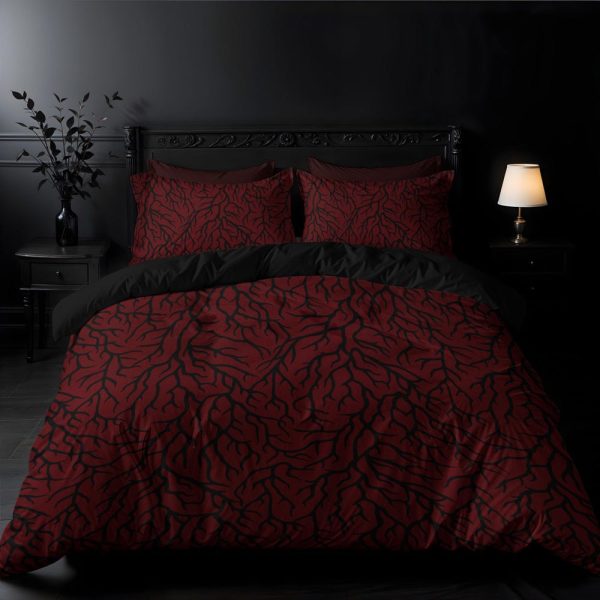 Red Thorn Bedding, Dark Blood Gothic 3-Piece Duvet Cover & Pillowcase Set w Spooky Roots + Vines Moody Bedroom Home Decor for Goth Aesthetic