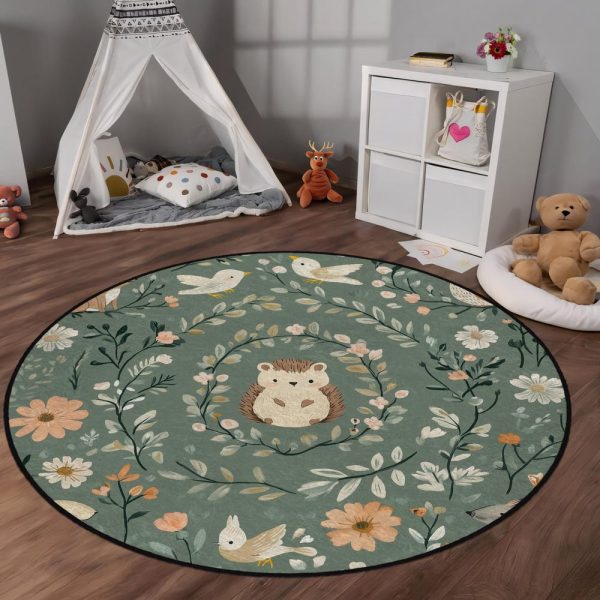 Soft Non-Slip Woodland Animal Rug for Kids Room – Cute Hedgehog  Birds Play Mat – Washable & Hypoallergenic Nursery Carpet