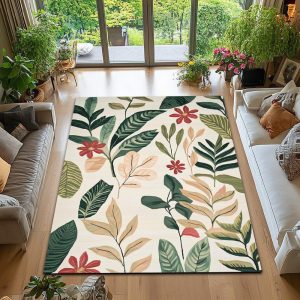 Leaf Print Botanical Rug, Floral Tropical Area Carpet, Exhotic Home Decor Accent, Living Room Rug