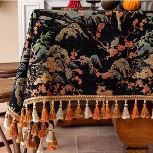 Jacquard Tablecloth with Tassels for Modern Living Room Coffee Table  Dining Table – Black Fabric-Retro Custom Tablecloth Mountains Pattern