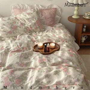 Pink Floral Cotton Duvet Cover Set, Floral Ruffle Princess Bedding Set, Cottagecore Country Style Duvet Cover Set, Twin, Full, Queen Bedding