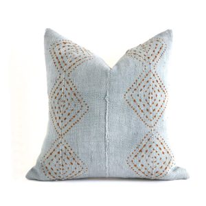 Burnt Orange Rust Diamonds on Blue Grey Authentic African Mudcloth Throw Pillow Covers, 10 Sizes