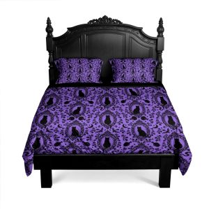 Gothic Cat Bedding Set, Witchy Baroque 3-Piece Duvet Cover & Pillowcase Set, Dark Purple Kitty Bedroom Decor for Goth Moody Maximalist Home