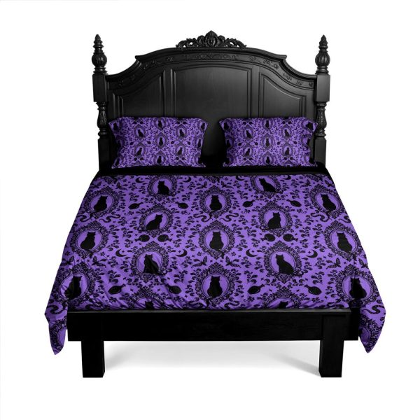 Gothic Cat Bedding Set, Witchy Baroque 3-Piece Duvet Cover & Pillowcase Set, Dark Purple Kitty Bedroom Decor for Goth Moody Maximalist Home