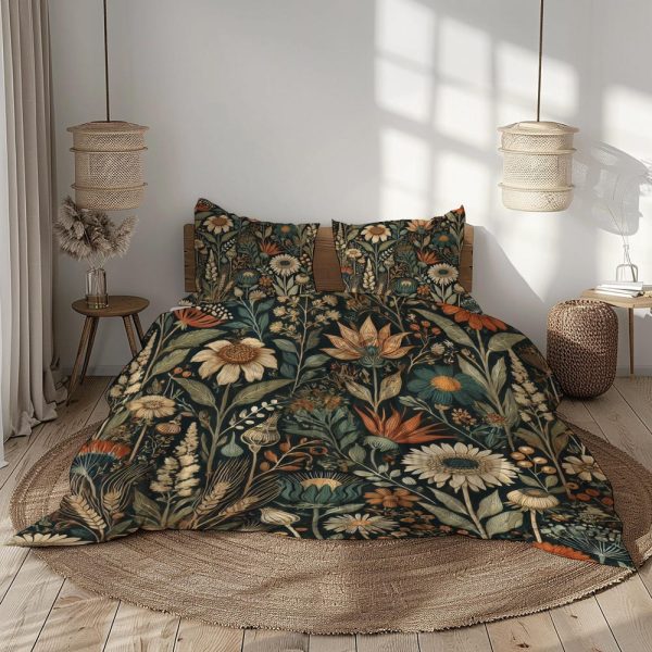 Vintage Floral Bedding Set, Dark Green, Beige, Rust Orange, Botanical Duvet Cover, Boho Aesthetic Bedspread, Cottagecore Bedroom Decor