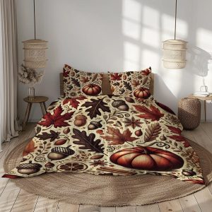 Autumn Bedding Set, Beige, Deep Red, Brown, Pumpkin Duvet Cover, Cozy Fall Leaves Bedspread, Rustic Seasonal Decor, Cottagecore Bedroom