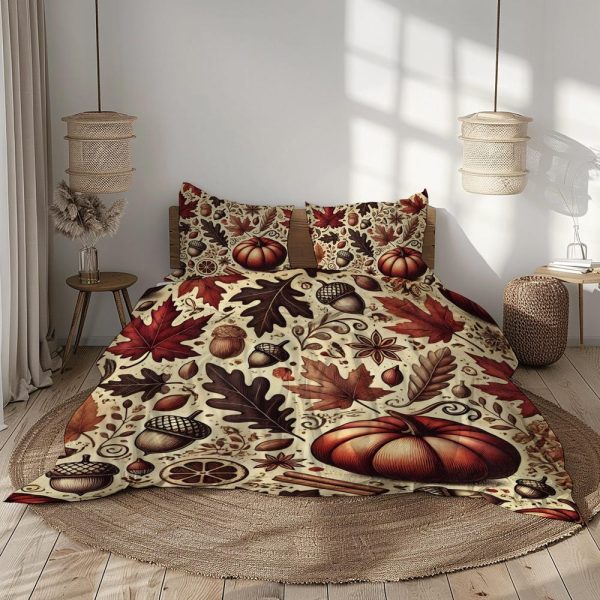 Autumn Bedding Set, Beige, Deep Red, Brown, Pumpkin Duvet Cover, Cozy Fall Leaves Bedspread, Rustic Seasonal Decor, Cottagecore Bedroom