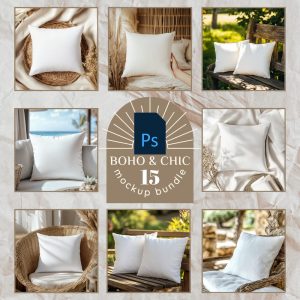 15 Boho and Chic Pillow Mockup Templates for Canva | Cushion Template Bundle | Pillow Mockup Bundle | Professional PSD Mockups