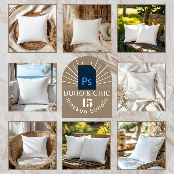 15 Boho and Chic Pillow Mockup Templates for Canva | Cushion Template Bundle | Pillow Mockup Bundle | Professional PSD Mockups