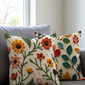 2 Piece Pillow Cover, Boho Floral Cushion, Printed Embroidery Look, Decorative Throw Pillow, Farmhouse Decor, 17×17 Inch