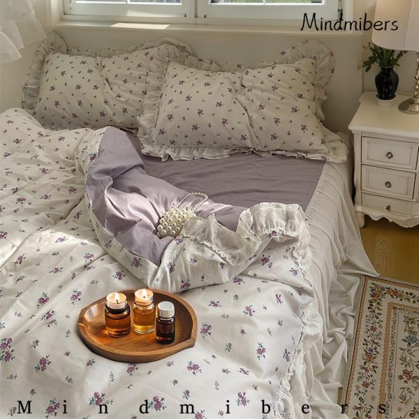 Purple Floral Cotton Duvet Cover Set, Vintage Ruffle Princess Bedding Set, French Flower Country Style Duvet Cover Set, Full Queen Bedding