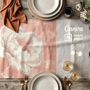 Table Runner Mockup Canva PSD, Boho Dining Table Runner Mockup psd smart object, Textile Fabric Mockup for Patterns, Aesthetic tablecloth