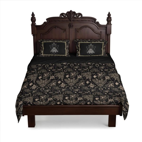 Witchy Moth Bedding Set, Occult Cicada 3-Piece Duvet Cover & Pillowcases, Esoteric Witchcore Bedroom Decor for Gothic Moody Maximalist Home