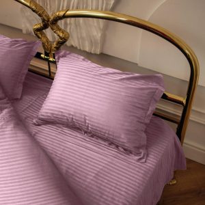 Striped Bedding Set Natural Cotton, Plum Violet Sateen Eco-Friendly Satin Bed Set for Her, Bedroom Premium Bed Sheet, Duvet Cover King Size