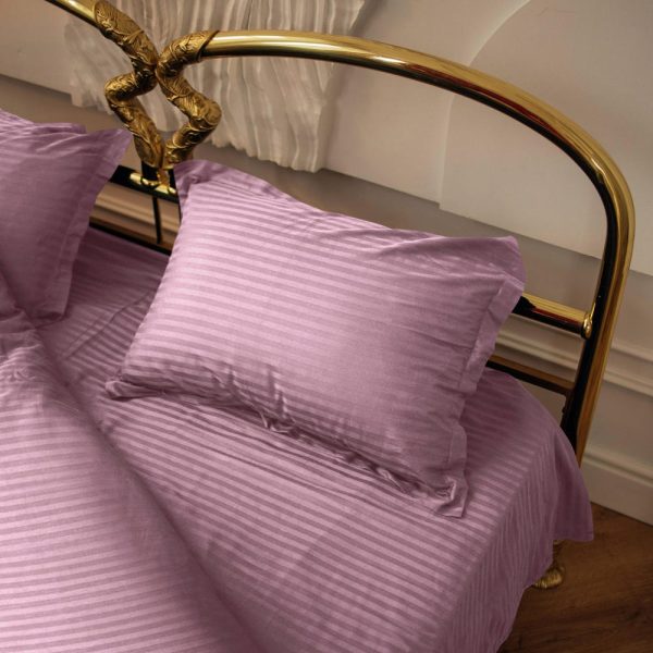 Striped Bedding Set Natural Cotton, Plum Violet Sateen Eco-Friendly Satin Bed Set for Her, Bedroom Premium Bed Sheet, Duvet Cover King Size