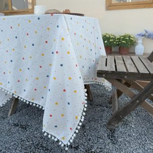 Colorful Graffiti Dots Cotton Linen Tablecloth with White Pompom Decor, Coffee Table Cloth Decor, Rectangle tablecloth, Round tablecloth