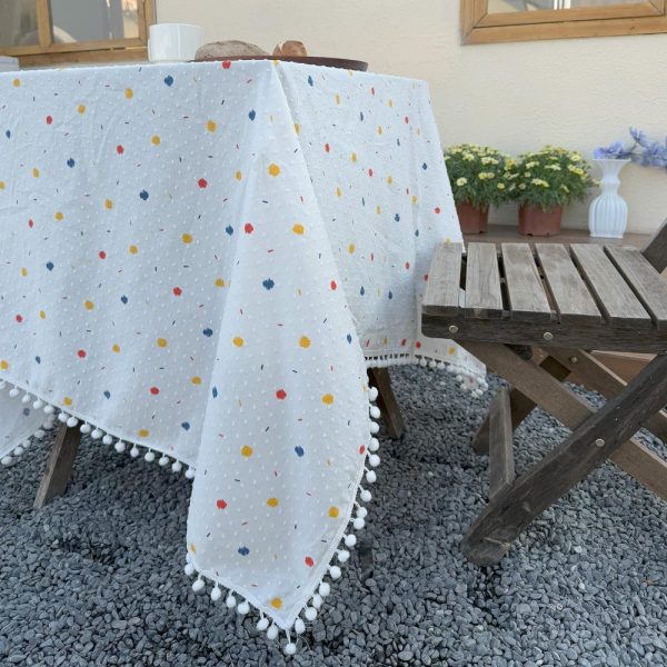 Colorful Graffiti Dots Cotton Linen Tablecloth with White Pompom Decor, Coffee Table Cloth Decor, Rectangle tablecloth, Round tablecloth