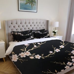 Luxury Black Cherry Blossom Comforter Set – Floral Duvet Cover & Pillow Shams – Elegant Japanese Sakura Bedding for Modern Bedroom Decor