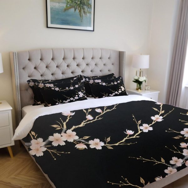 Luxury Black Cherry Blossom Comforter Set – Floral Duvet Cover & Pillow Shams – Elegant Japanese Sakura Bedding for Modern Bedroom Decor