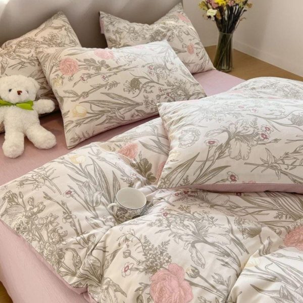 Duvet Cover, Floral Set, 3-Piece 100% Cotton Bedding Set with Zipper, Pink Botanical Design, Soft & Breathable – Queen/King Sizes