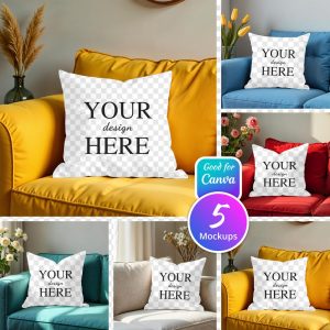 5 Pillow PNG Mockup Bundle, White Throw Pillow Mockup Edit in Canva, Photoshop, 5 Mock up Bundle, Minimal Mockups, Modern Mockups
