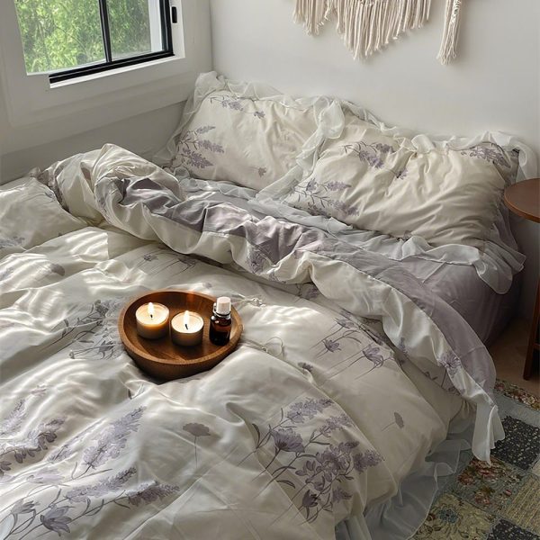 Lavender Floral Cotton Duvet Cover, French Retro Floral Ruffle Bedding Set, Purple Flowers Dorm Duvet Cover Set,Twin Full Queen King Bedding